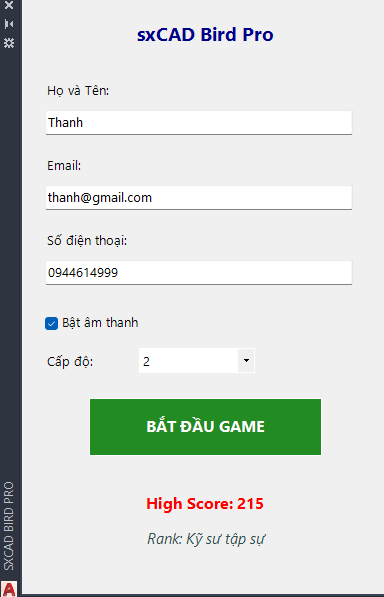 Giao diện game sxCAD Bird khi chơi