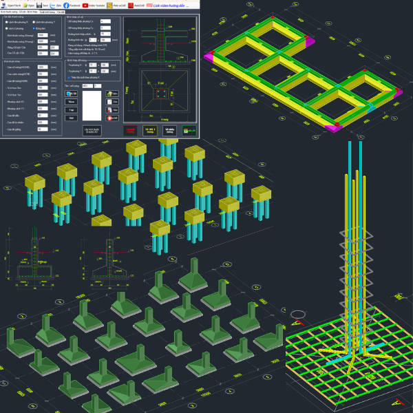sxCAD Tính năng thiết kế các loại móng đơn, móng cọc, cột, dầm sàn lanh tô, thang bộ, vách xuất thống kê thép